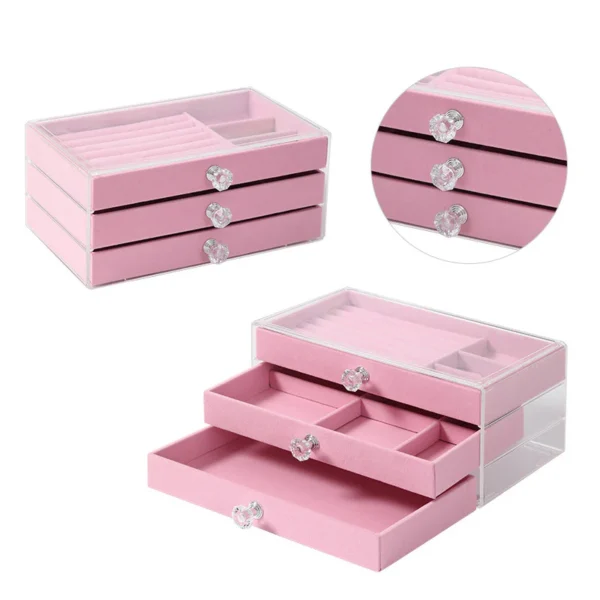 Acrylic Velvet Jewelry Organizer with 3 Drawers Stackable Display Storage Box - Image 2